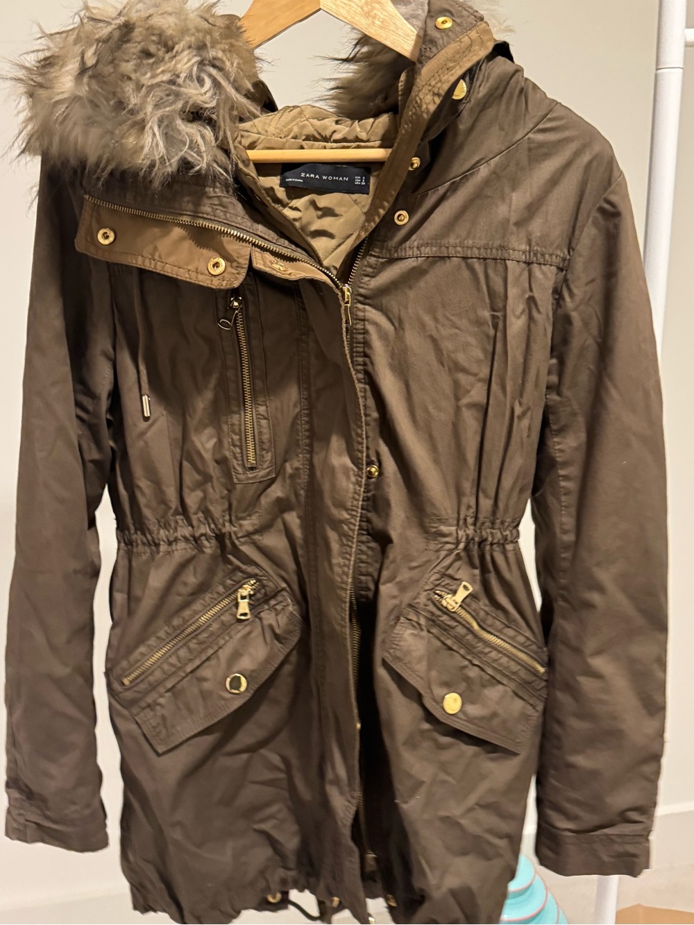 Zara Olive Green Parka Jacket with Faux Fur Hood